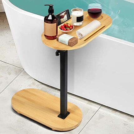 PeeToos C-Shaped End Table, Bamboo Tray Table with Adjustable Height, Small Side Table for Couch, Tray Table with rotatable for Sofa, Living Room
