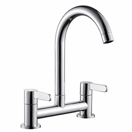 Ghopy Dual Lever Kitchen taps Mixers 2 Hole Deck Mounted Cold and Hot Mixer Tap Modern 360° Swivel Spout Brass Basin Bridge Mixer tap (Chrome)