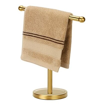 Gold Hand Towel Holder Stand with Heavy Stainless Steel Base, T-Shape Towel Rack, Free-Standing Towel Holder Countertop for Bathroom (Brushed Gol
