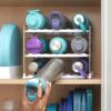 YouCopia UpSpace Adjustable Water Bottle Organiser for Kitchen Cupboard and Pantry Storage, Tumblers and Wine Bottle Holder, 3-Shelf, White