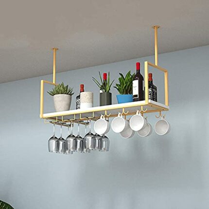 EYLINK Ceiling Wine Rack, 1 Layer Modern Floating Shelves, Iron Wood Wine Hanger, Hanging Kitchen Bar Rack, Storage Shelf, Decorative Holder (Col