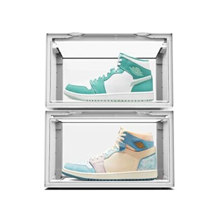 Super God of War 2 Pack LED Shoe Storage Boxes, Shoe Display Case Stackable, Large Shoe Containers with Door, Drop Front Shoes Rack Organizer, Ha