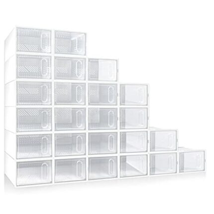24 Pcs Clear Plastic Extra Large Shoe Storage Box for up to Size 14/13 Stackable Shoe Organizer for Closet Shoe Container Bins Holder Sneaker Dis