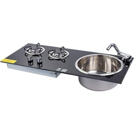 RV Gas Stove Cooker, 2 Burners Gas Stove Hob and Sink Combo High Gas Cooktop Gas Stove Cooker, for RV Caravan, Camping, Boating Bar Hand Sink