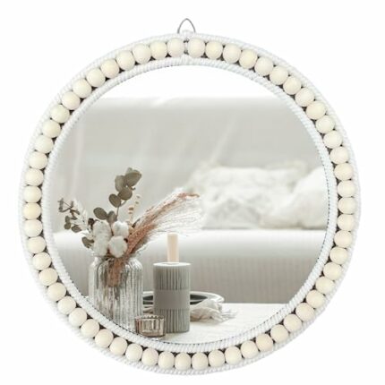 takor 12 Inch Boho Wall Mounted Mirror, Circle Decorative Hanging Mirror,Round Mirrors with White Wooden Beads,Wall Decor for Bathroom,Living Roo
