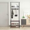 Bigzzia Coat and Shoe Rack Entryway, 3-in-1 Metal Hall Tree with 3-Tier Shelf and 16 Removable Hooks, Simple and Narrow Coat Racks Free Standing