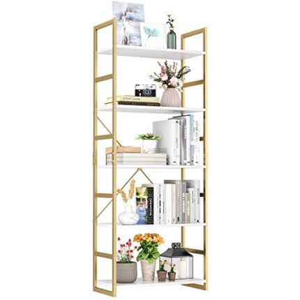 finetones 5 Tier Bookshelf, Industrial Gold Bookcase with Metal Frame, Modern Display Shelves Plant Flower Stand Rack for Bedroom Living Room Hom