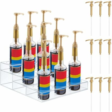 Kigley Acrylic Wine Rack Liquor Bottle Holder with 9 Pcs Syrup Pump Coffee Syrup Organizer 3 Tier Wine Display Riser Freestanding Syrup Wine Rack