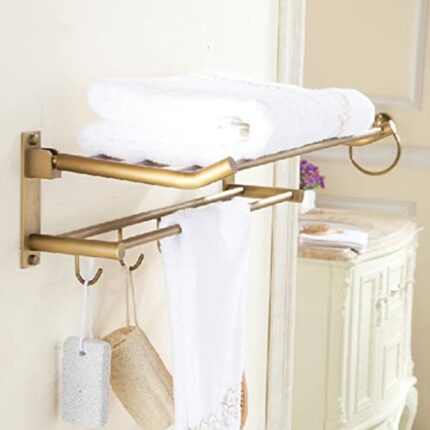HIGOH Towel Racks,Bathroom Towel Rack Wall Mounted Towel Holder,Antique Multifunctional Folding Bath Towel Rack,All Copper Hook Towel Rack Shelf,