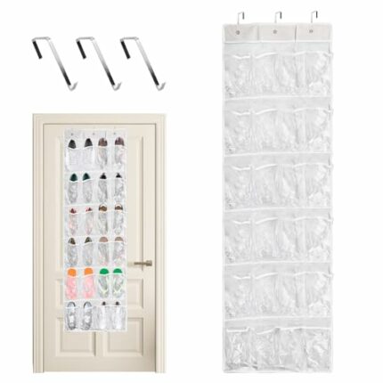 24 Pockets Hanging Organiser Over Door White Black, Foldable Closet Door Shoe Rack Holder, Narrow Wardrobe Shoe Hanger with 3 Metal Hook, Hanging
