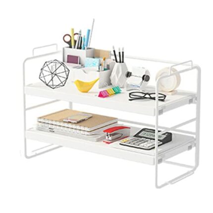 Desk storage rack, desk organiser, multipurpose bookcase for office, home, desktop display shelf, desk stand, bookcase (white shelf, white board,