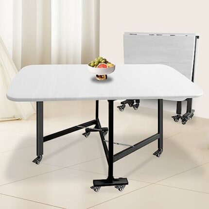 Wood Folding Dining Table for Small Space, Drop Leaf Foldable Kitchen Side Eating Tables Extendable Moveable Kitchen Desk with Wheels (White, 120