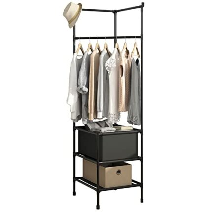MOYIPIN Coat Rack Freestanding Closet Organizer,Simple Hall Tree with 2 Storage Shelves, Corner Storage Organizer, for Entryway, Bedroom, Black