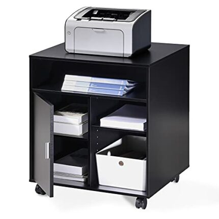 FITUEYES Printer Stand with Wheels, Black Wood Printer Table under Desk Storage, Desk Side Mobile Filling Cabinet 3 Open 2 Closed Storage for Hom