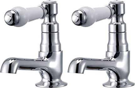 Hapilife DT20E Basin Pair Victoria Traditional Bathroom Sink Taps Mixers Ceramic Lever, Chrome & White