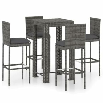 vidaXL Garden Bar Set 5 Piece with Cushions Outdoor Patio Terrace Backyard Furniture Dining Table and Chair Seating Poly Rattan Grey