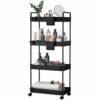 4-Tier Storage Trolley Cart, Slide-Out Cart with Wheels Rolling Utility Shelf Rack for Kitchen Bathroom with Hanging Cups & Partition