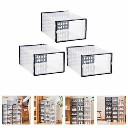 Garneck Foldable Storage Box 3Pcs Black Plastic Clear Shoes Box Transparent Stackable Shoes Storage Box Shoe Container Shoe Organizer Bin Shoe Dr