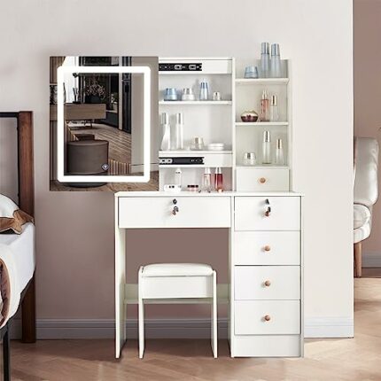 Dradaomull Makeup Dressing Table with Mirror and LED Light, Adjustable Brightness 3 Lighting Modes Vanity Dresser with Stool and Lots Storage for