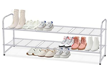 SLEEPING LAMB 2 Tier Metal Long Shoe Rack for Closet, Wide Stackable Shoe Storage Organizer Low Shoe Shelf for Entryway, Bedroom, Wire Grid, Grey