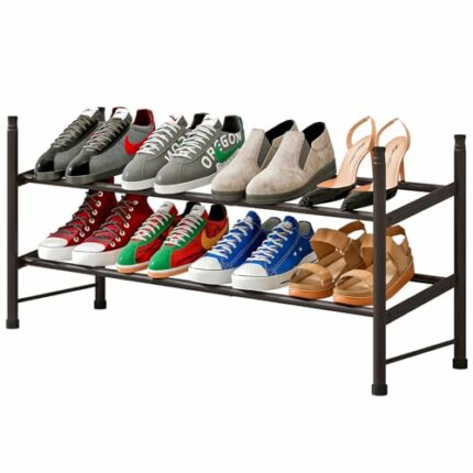 YIZAIJIA Shoe Rack Organizer 2 Tier Metal Expandable Storage Adjustable Shoe Shelf Free Standing Shoe Rack for Entryway Closet Doorway,Bronze