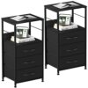 Black Nightstand with Drawer Set of 2, Tall End Table Bedroom Night Stand Side Table with 3 Fabric Drawers Modern Bedside Table with Storage Shel