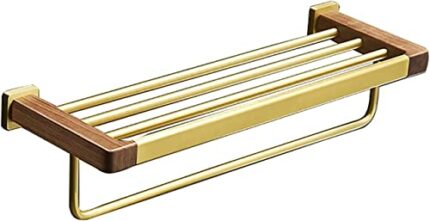 bathroom towel rack Brushed Gold Towel Bar Space Aluminum and Walnut Towel Rail Wall Mounted Towel Holder Double Rod Storage Rack for Bathroom, K