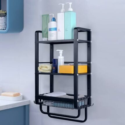 Qriocioa 3 Tier Bathroom Shelves Over Toilet Bathroom Storage Organizer Wall Mounted Floating Shelf with Double Towel Bars for Bathroom Living Ro