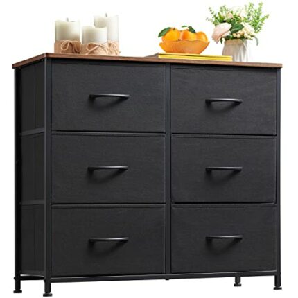 Somdot Chest of Drawers for Bedroom with 6 Drawers, 3-Tier Wide Storage Unit with Removable Fabric Bins for Wardrobe Closet Nursery Living Room L