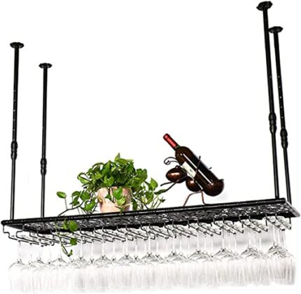 EMISOO Wine Rack Wall Mounted - Iron Ceiling Wine Rack Hanging Goblets Stemware Holder Bar Accessories Shelving for Restaurants Kitchens(L120CM x