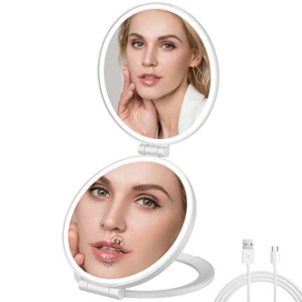 TOUCHFEEL Lighted Makeup Mirror with Magnification, Travel Double Sided Folding 5X Magnifying Mirror with Light, Rechargeable LED Vanity Mirror w