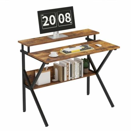 CAIYUN 70cm Computer Desk, Home Office Desk for Home, Small Desk for Small Spaces, Brown Desk with Monitor Stand