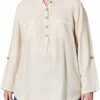 Bonateks, Buttoned Tunisian Collar Blouse with Front Pockets, 100% Linen, UK Size: 12, US Size: XL, Tops, Linen - Made in Italy, White, 14