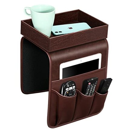 SITHON Sofa Remote Control Holder with Detachable Tray - [Non Slip] PU Leather Chair Couch Armrest Organizer Caddy with 5 Pockets for Magazines P
