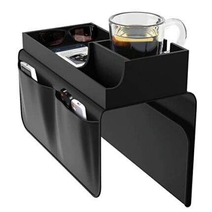 PIUGERU Couch Cup Holder, Upgraded Magnetic Detachable Sofa Arm Tray, PU Sofa Armrest Organizer with 1 Large Pocket and 2 Small Pockets, Portable
