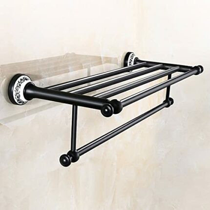 RSOCHS Wall Shelf Black Bathroom European Copper Double Towel Rack Bathroom Widened Thick Wall Hanging Towel Storage Rack
