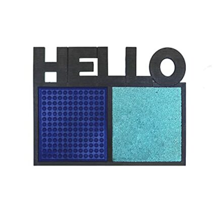 fisura. DM1368 Hello Rectangular Doormat Disinfecting Blue and Black Polypropylene Rubber and Coconut Fibre Height 1.5 x 51 x 65 cm