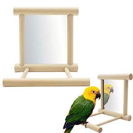 FainFun Wooden Mirror with Landing Place, Mirror with Wooden Frame, Wooden Mirror with Bell, Wooden Bird Parrots Fun Toy with Mirror,Yellow