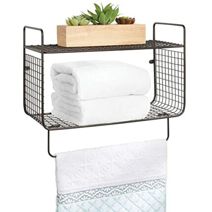 mDesign Bathroom Shelf – 2-Tier Wire Shelf with Integrated Towel Rail – Ideal Bathroom Storage Solution – Bronze