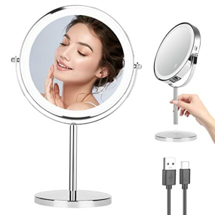 Desktop Magnifying Makeup Mirror with Lights, 8 inch Rechargeable Double Sided 1X/10X Vanity Mirror with 3 Colors Light, 360° Smart Touch Lighted
