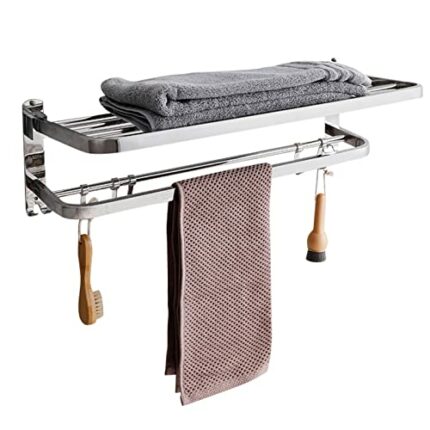 Towel Rack, Stainless Steel Bathroom Towel Rail with Double Towel Shelf, Towel Shower Holder, Wall-Mounted Self Adhesive Shower Shelf Organizer 5