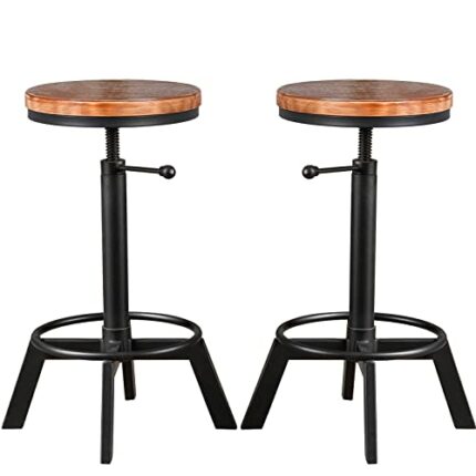Set of 2 Industrial Bar Stools Counter Height Adjustable 24-27.5inch Vintage Kitchen Island Stool Farmhouse Office Guest Chair Swivel Wooden Seat