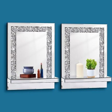 Aeveco Silver Wall Mirror with Shelf, Dimention11x15 inch, Crystal Crush Diamond Mirror Decor for Vanity or Living Room, Sparkling Home Decor