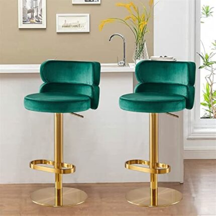 Set of 2 Green Velvet Barstools Swivel Adjustable Heigh Breakfast Bar Chair Round Upholstered Stainless Steel Titanium Gold Curved Back Strap Gol