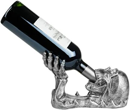 BRUBAKER Wine Bottle Holder Skull - Bottle Holder Drinking Skull with Skeleton Hand Silver - Bottle Stand Deco Figurine Hand Painted Wine Accesso