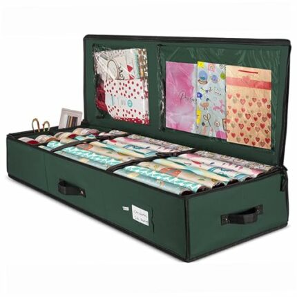 Wrapping Paper Storage Box Foldable Christmas Gift Wrap Storage with Adjustable Dividers Multi Pockets Wrapping Paper Bag Gift Wrap Storage