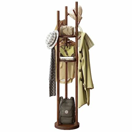 GHWIE Bamboo Coat Rack Freestanding, Coat Rack Stand with 3 Storage Shelves and 9 Hooks Easy to Assemble Coat Hanger Stand for Bedroom Office Hal