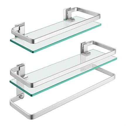 KES Bathroom Shelf Wall Mounted, Glass Bathroom Shelf with Towel Rail, 2 Tier Aluminum & Tempered Glass Bathroom Shelves Silver, A4126A+A4127A