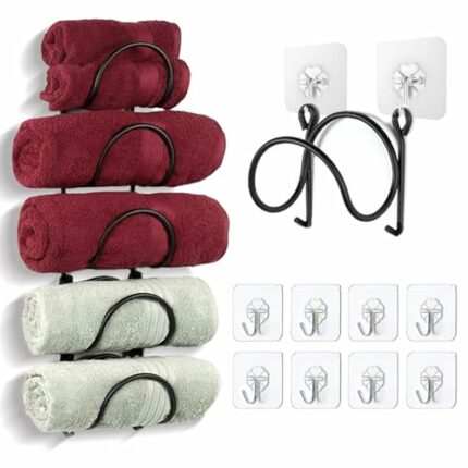 Towel Rack Wall Mounted, Bathroom Towel Storage Hanging Towels Holder, 5 Tier Individual Towel Rail With 10 Hooks, Durable Metal Bathroom Accesso