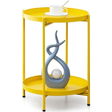 FUNME Folding End Table 2-Tier Metal Round Side Table with Removable Tray for Living Room (Yellow)